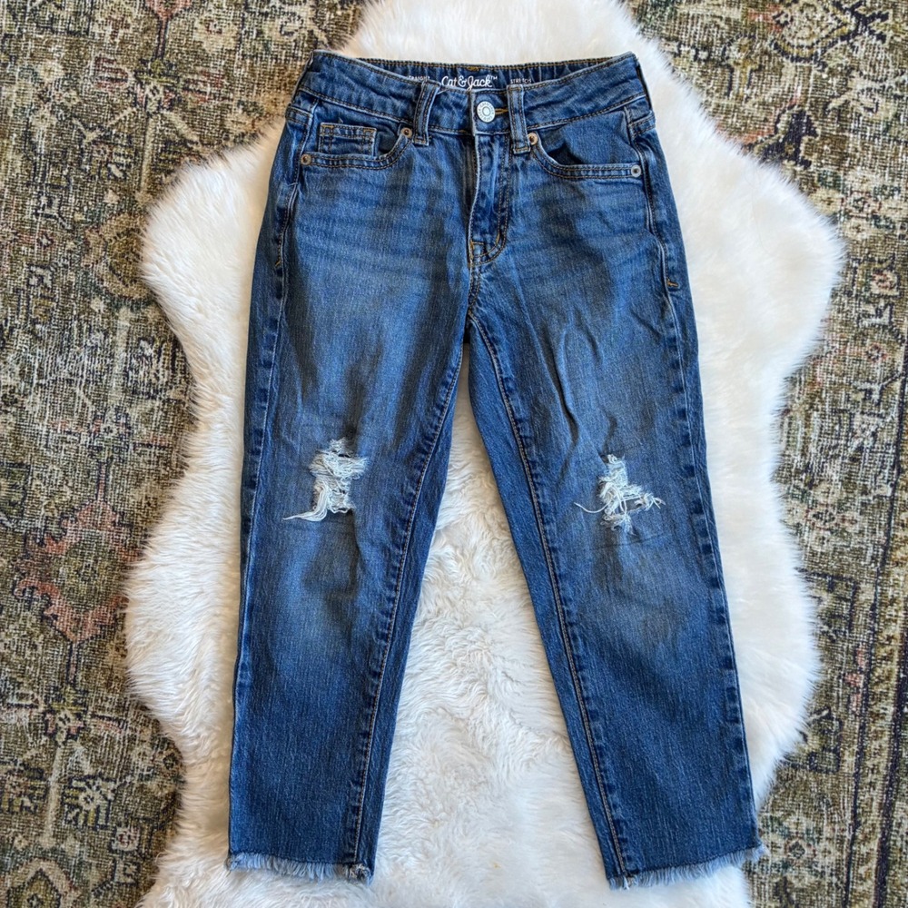 Cat & Jack Girls Size 6 Ankle Straight Destructed Raw Hem Adjustable Waist Jeans